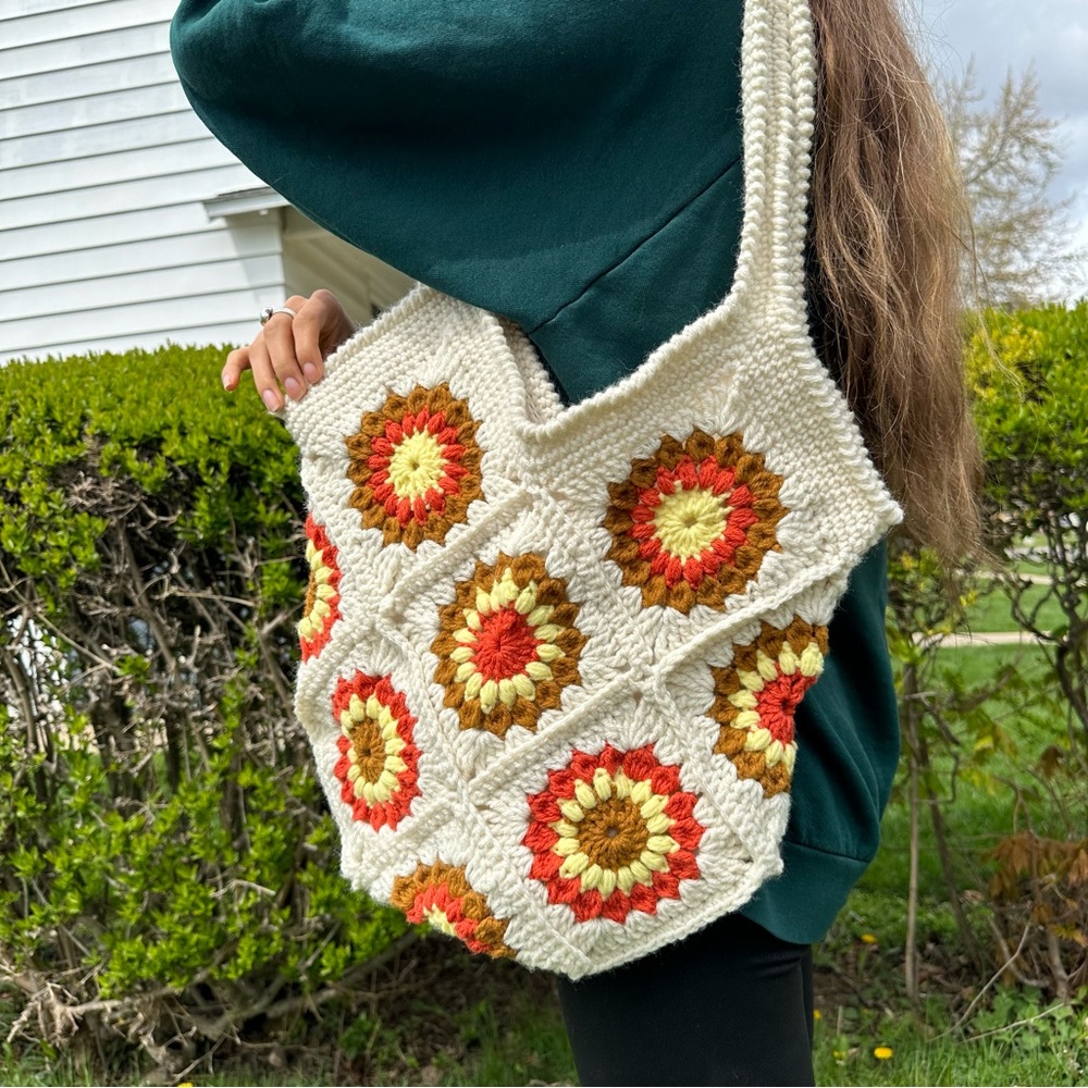 Granny square handmade lined tote bag